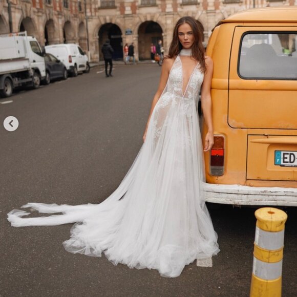 Liz Martinez Cleo A-Line Beaded Tulle Wedding Gown w/ Scarf - Picture 6 of 8